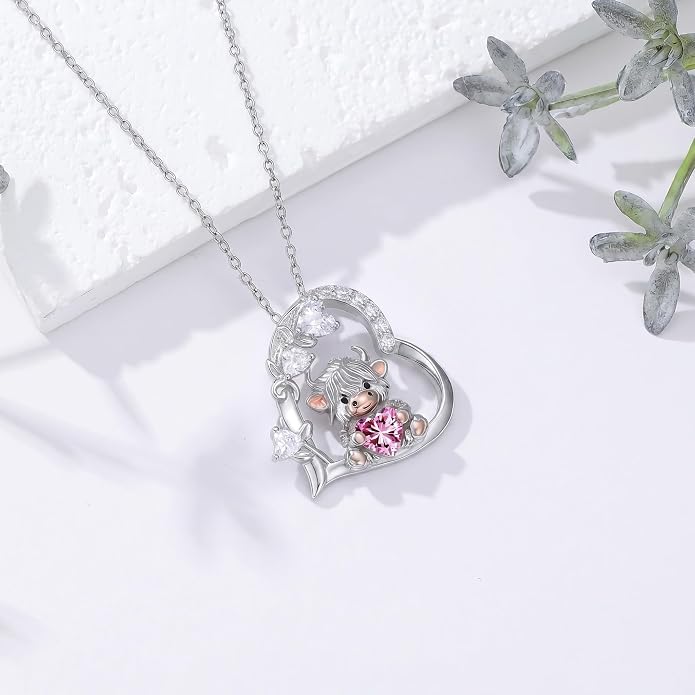PELOVNY Teddy Bear Necklace for Women 925 Sterling Silver Bear/Highland Cow/Fox/Cat/Axolotl Birthstone Necklace Christmas Birthday Jewelry Gifts for Mom Daughter Wife Sister