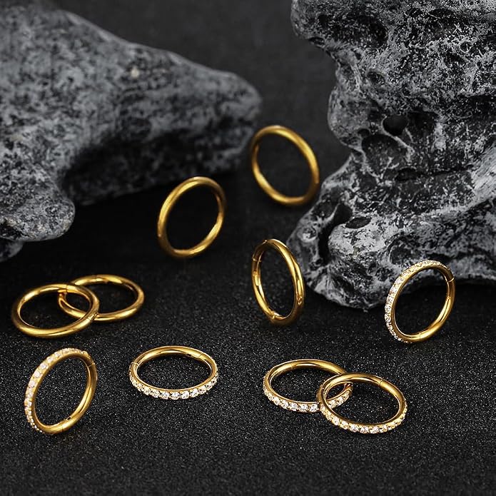 5/10PCS Septum Rings Hoop, 16G/1.2*(6-8-10) mm Surgical Stainless Steel CZ Segment Nose Rings, Cartilage Clicker Hoop Earrings for Rook, Daith, Tragus, Shell pattern Gold Silver