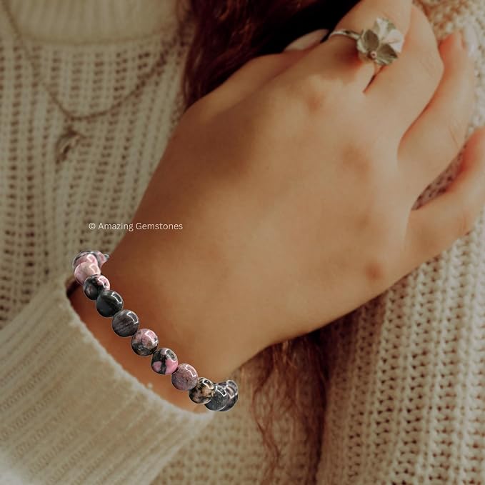 Amazing Gemstone Rhodonite Bracelet, Gifts for Men & Women - Protection Healing Crystal Bracelet - 8mm Gemstone Beaded Adjustable Bracelet, Pulseras para Hombres Mujer Stocking Stuffers