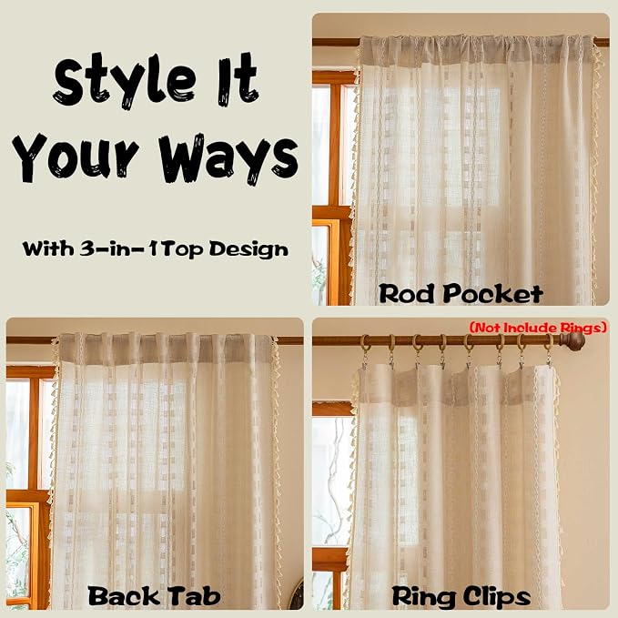 Natural Boho 96 inch Curtains 2 Panel Set for Living Room Dining room Floor to Ceiling, Light Filtering Tassels Privacy Country Vintage Embroidery Bohemian Stripes Window Treatment Back Tab, 50"W
