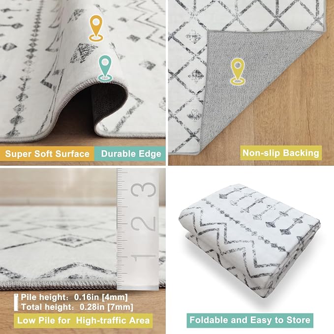 Mandala - Indoor Area Rugs 6x9 Washable, Stain Resistant Machine Washable Rugs for Living Room, Bedroom, and Modern House Décor - Durable Polyester Material, Colorful Patterned - Grey & Ivory
