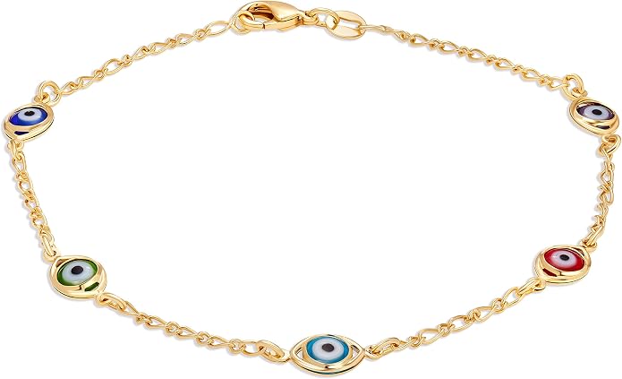 Barzel 18K Gold Plated Multi Color Evil Eye Anklet For Women, 10 Inches - Made in Brazil
