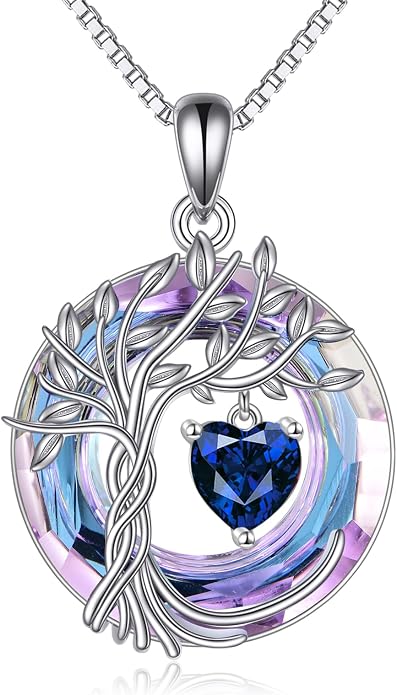 POPLYKE Mothers Day Gifts for Mom Her Wife Tree of Life Necklace 925 Sterling Silver Birthstone Pendant with Crystal Anniversary Birthday Wedding Jewelry for Women