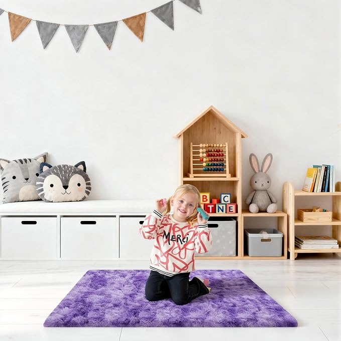 2x3 Rugs for Bedroom, Fluffy Area Rugs for Living Room, Small Fuzzy Shag Soft Carpet with 4 Non-Slip Adhesive Strips for Kids Boys and Girls Nursery Dorm Home Decor (2ft X 3ft, Tie-Dyed Purple)