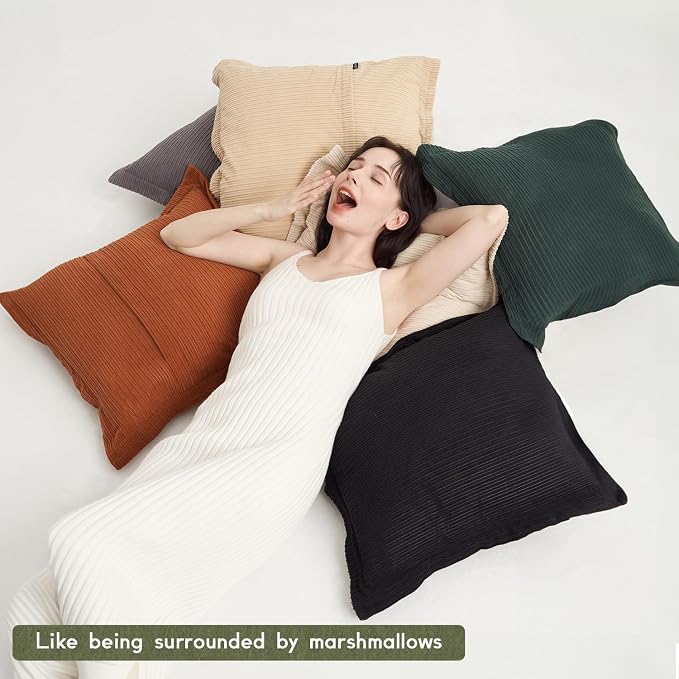 COCO TOP Set of 3 Super Soft Striped Corduroy Throw Pillow Covers 18x18inch, Decorative Boho Square Pillow Covers for Sofa Couch Aesthetic Decor Bedroom Living Room (Earthy Brown, Rust & Cream)