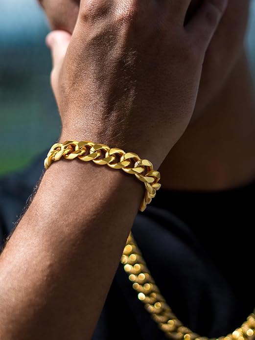 U7 Link Bracelets for Men, Cuban Link/Rope/Watch Band Solid Bracelet, Silver Black Gold Color Wrist Bracelet 3/6/9/12/15mm Width, 6.5/7.5/8.3 Inch Length, Hand Chain Jewelry for Mens Women