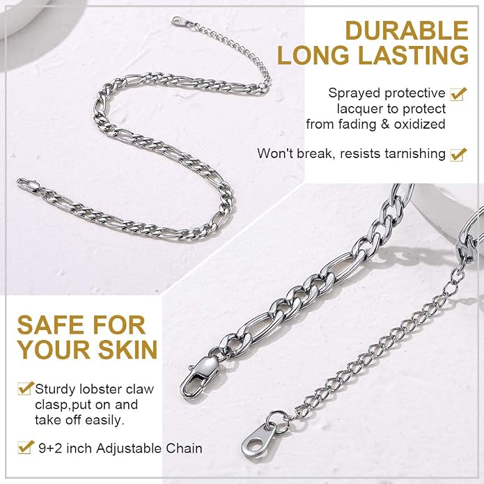 GoldChic Adjustbale Link Chain Anklet for Women Summer Jewelry, 316L Stainless Steel Figaro/Wheat/Twist Rope/Cuban Foot Bracelet-Waterproof, Resizable 9"-12" (Gift Box Included)