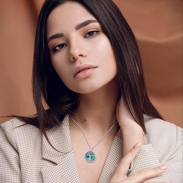 Aniu Tree of Life Necklace for Women, 925 Sterling Silver Mother of Pearl Family Palm Tree Charm Pendant Jewelry for Birthday Christmas Gift