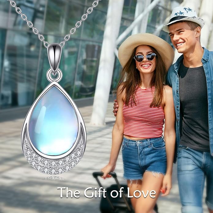YAFEINI 925 Sterling Silver Moonstone Necklace Filigree Teardrop Pendant Necklace Jewelry for Women Girls