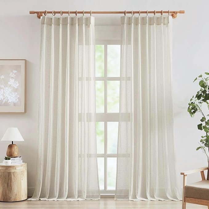 FMFUNCTEX Beige Linen Pinch Pleated Sheer Curtains 90 Inch Long 2 Panels | Natural Semi Sheer Window Drapes French See Through for Bedroom and Living Room, Farmhouse Privacy