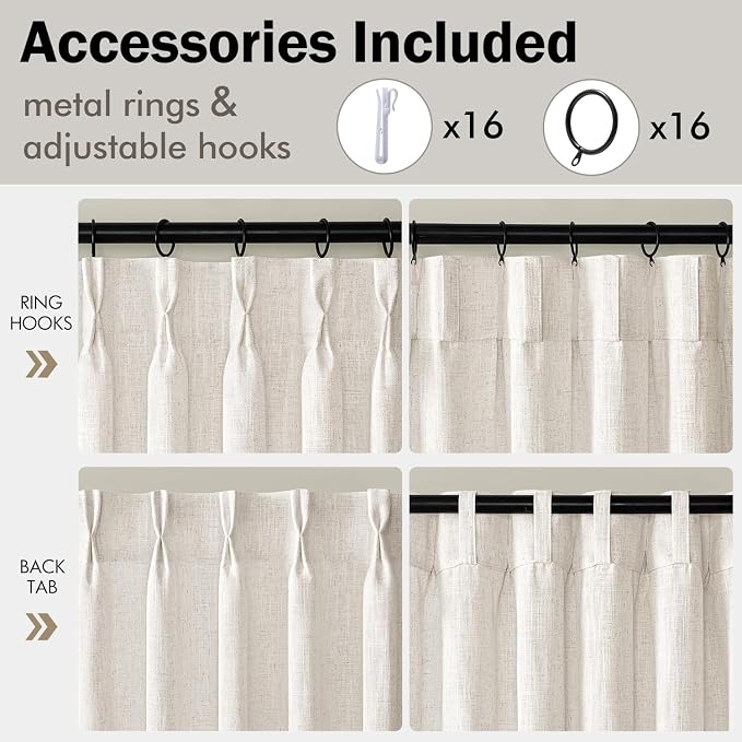 MIULEE Pinch Pleated Thick Linen Curtains 105 Inches Long 2 Panels for Living Room Bedroom, Pinch Pleat Drapes Back Tab Light Filtering Floor to Ceiling Semi Sheer Natural Farmhouse Window Curtains