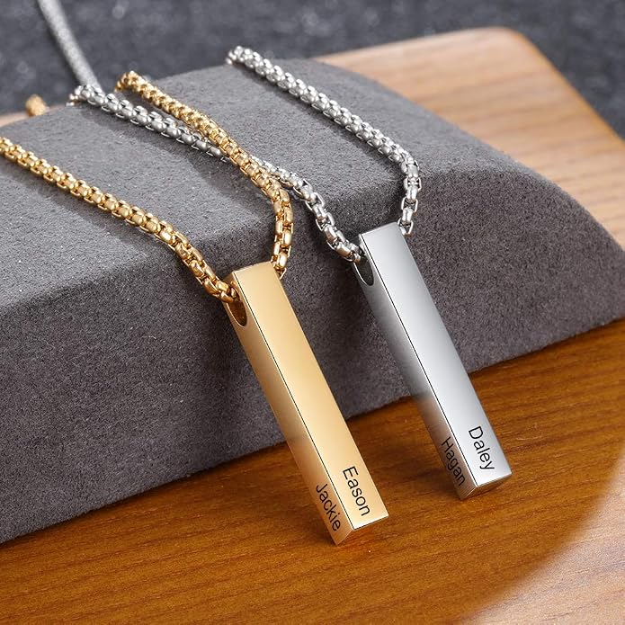 Personalized Men's Name Bar Necklace Engraved Initial Name Stainless Steel Vertical Bar Necklace for Father Husband Boyfriend Birthday