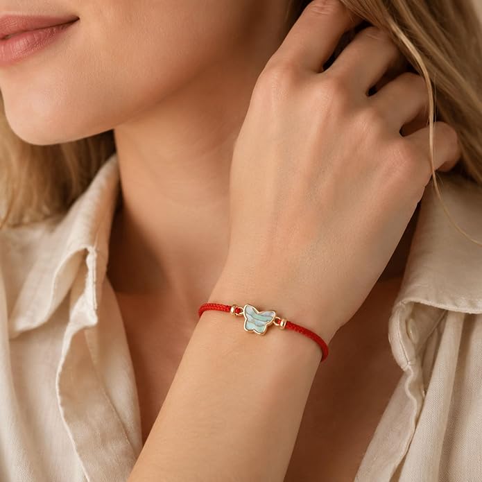 Red String Bracelet for Women, Genuine Abalone Shell Butterfly Charm, Handwoven Adjustable Cord, 14K Gold Filled Accent, Minimalist Friendship Jewelry Gift