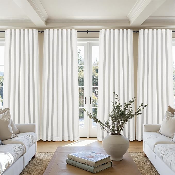 Topfinel Beige White 100% Blackout Flax Linen Curtains & Drapes, 96 Inch Long 2 Panels Set Pleated Thermal Blackout Curtains, Rustic Farmhouse Back Tab Bedroom Curtains Oyster White 52" W*96" L