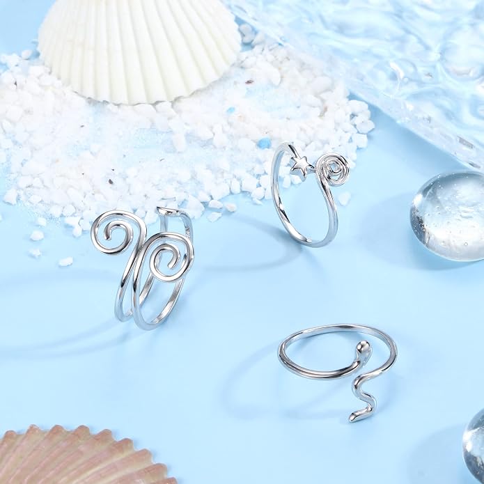 Florideco 3Pcs S925 Sterling Silver Toe Rings for Women Open Toe Rings Comfort-Fit Adjustable Toe Rings Celtic Knot Turquoise Finger Foot Jewelry Set