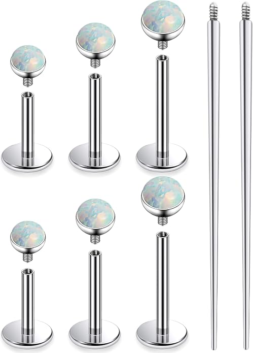 Ruifan Titanium Flat Back Lip Rings Externally Threaded Earrings Studs Nose Rings 20G 18G 16G Jeweled Round Opal Tragus Cartilage Lobe Rook Helix Conch Labret Medusa Piercing Jewelry for Women Men