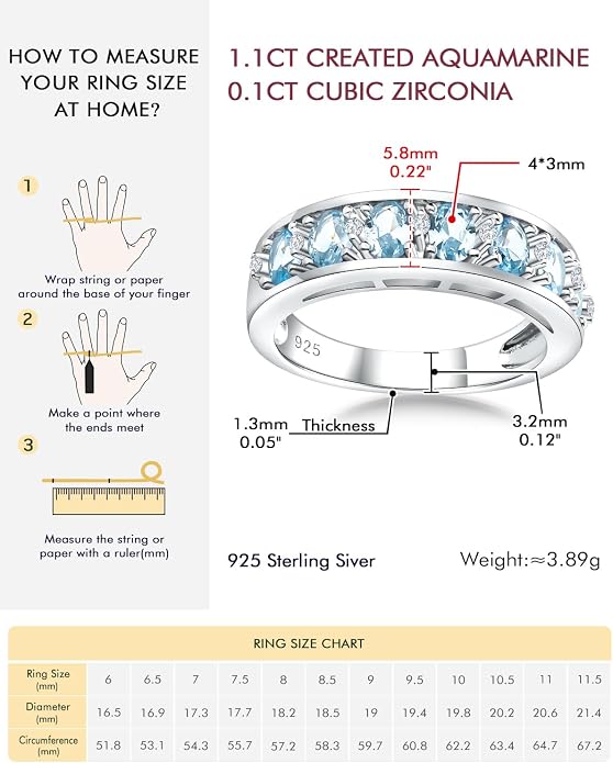 DAYBYDAY Oval Band Rings for Women, 925 Sterling Silver/14k Gold Plated Half Eternity Ring, Aquamarine/Ruby/Emerald/Sapphire Birthstone Rings, Thick Band Gemstone Anniversary Ring Size 6 to 10