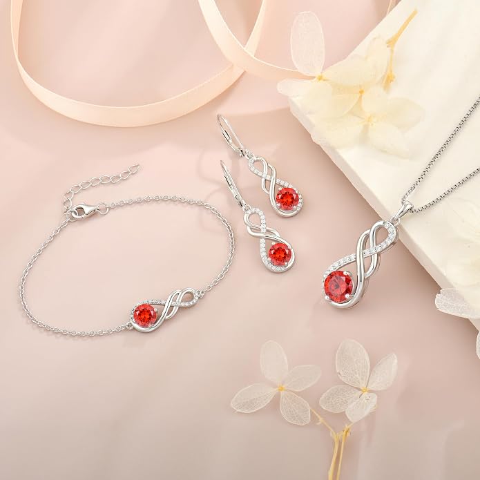 Gemstone Infinity Pendant Necklaces for Women, S925 Sterling Silver Round cut Zircon Necklace Birthstone Jewelry Gift for Her