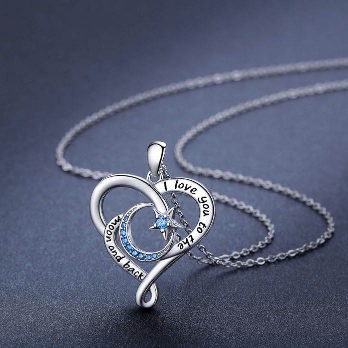 Cuoka 925 Sterling Silver Heart Necklace I Love You to The Moon and Back Pendant Sun Star Moon Necklace Jewelry for Women with Gifts Box
