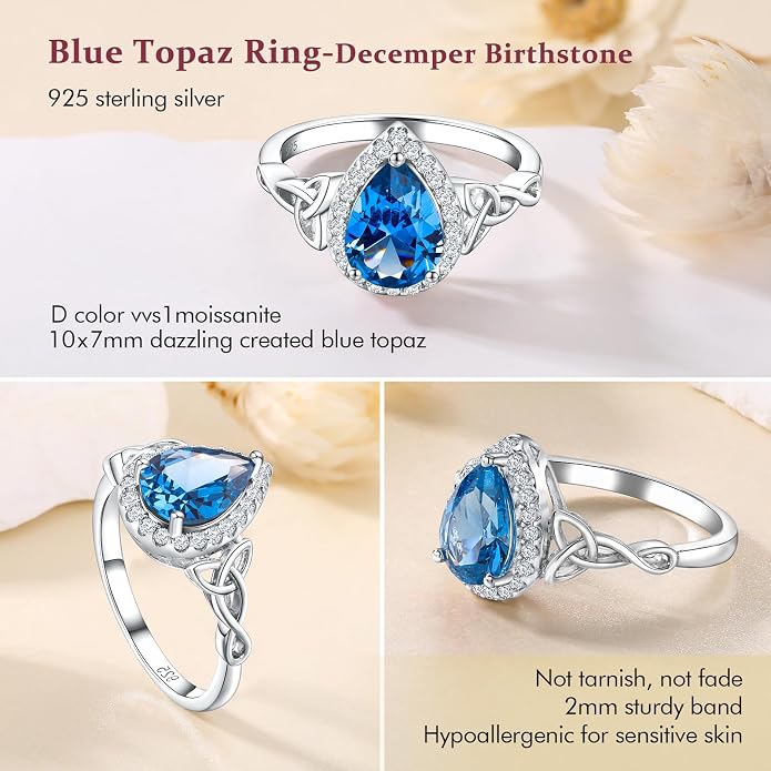 DAYBYDAY Celtic Birthstone Rings for Women 925 Sterling Silver Heart/Round/Pear/Oval Created Gemstone Moissanite Halo Engagement Promise Rings for Her Wife Birthday Anniversary Wedding Jewelry