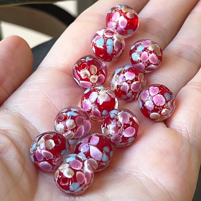 Artsy Crafts 12 Pcs Lily Flower Glow in The Dark Firefly Beads, 12mm European Lampwork Luminous Glass Beads for Jewelry Making Charm Bracelet Necklace Earrings Crafts (Lily - Red)