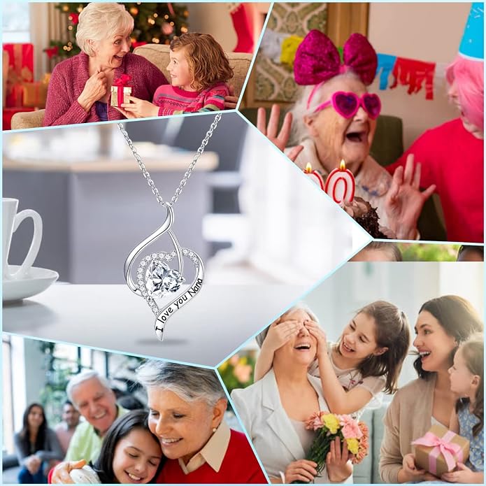Nana Gifts Sterling Silver Heart Birthstone Necklaces, I Love You Nana Gifts for Mothers, Grandma