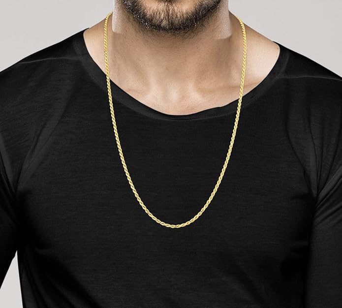 Miabella Italian 18K Gold Plated 925 Sterling Silver 2mm, 3mm Diamond-Cut Braided Rope Chain Necklace for Men Women, Made in Italy