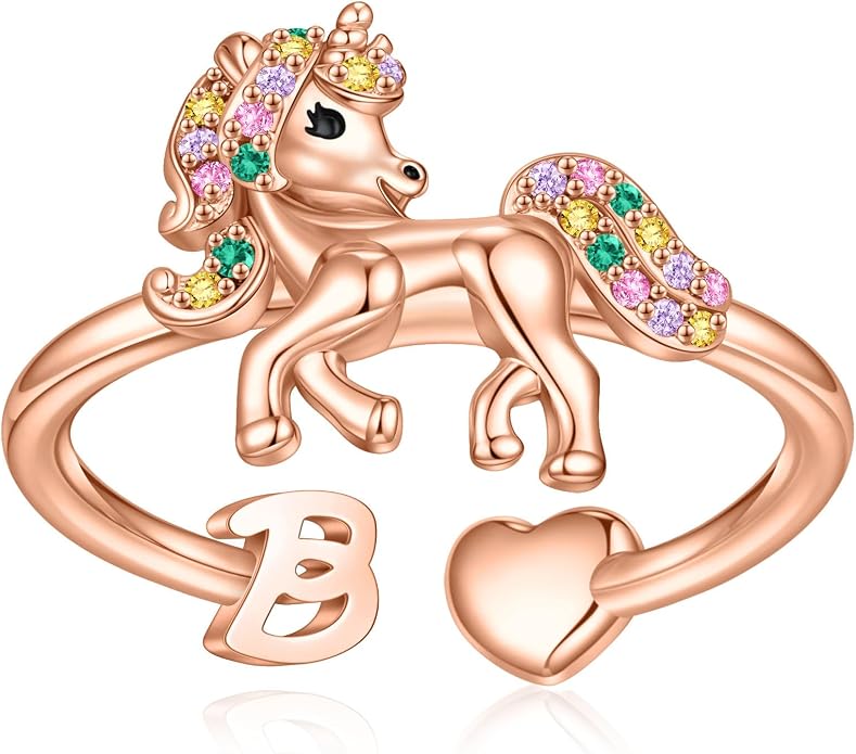 Unicorn Initial Rings for Teen Girls, Rose Gold/White Gold Plated Heart Initial Rings for Girls Adjustable Stackable Rings for Women Diny Heart Ring for Teen Girls Gifts Unicorns Gifts for Girls