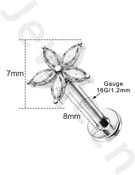 Jewseen 925 Sterling Silver Flat Back Stud Earrings 16g Internally Threaded Tragus Helix Earrings Flower Lip Stud Nose Piercing Jewelry for Women Men