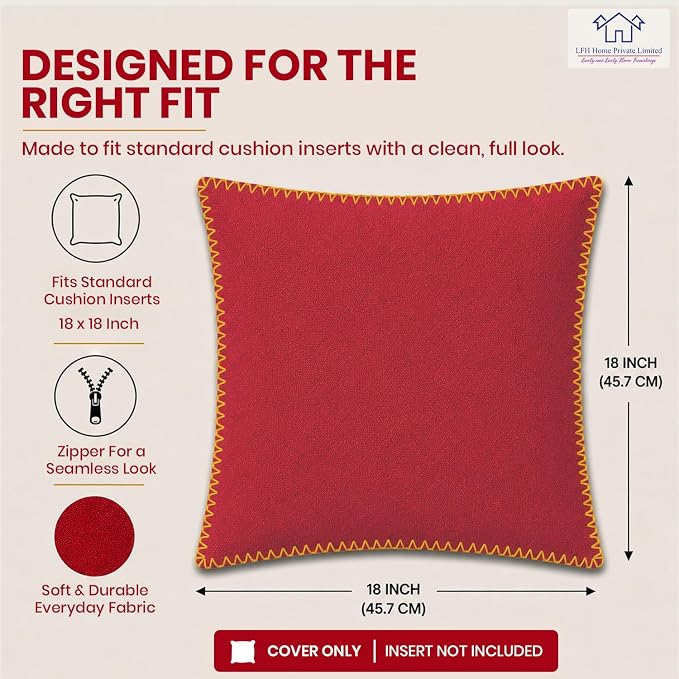 LFH Home Red Cotton Rich Throw Pillow Covers 18x18 Set of 2, Decorative Cushion Covers with Blanket Stitch Edge, Farmhouse Accent Pillow Cases for Sofa Couch Bed Living Room, 18 x 18 Inch