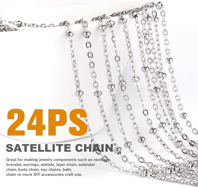 Cadikez 24PCS Stainless Steel Satellite Chain Necklace Bulk, 2mm 18inch Stainless Steel Finished Beaded Cable Link Chains for Necklace Jewelry Making