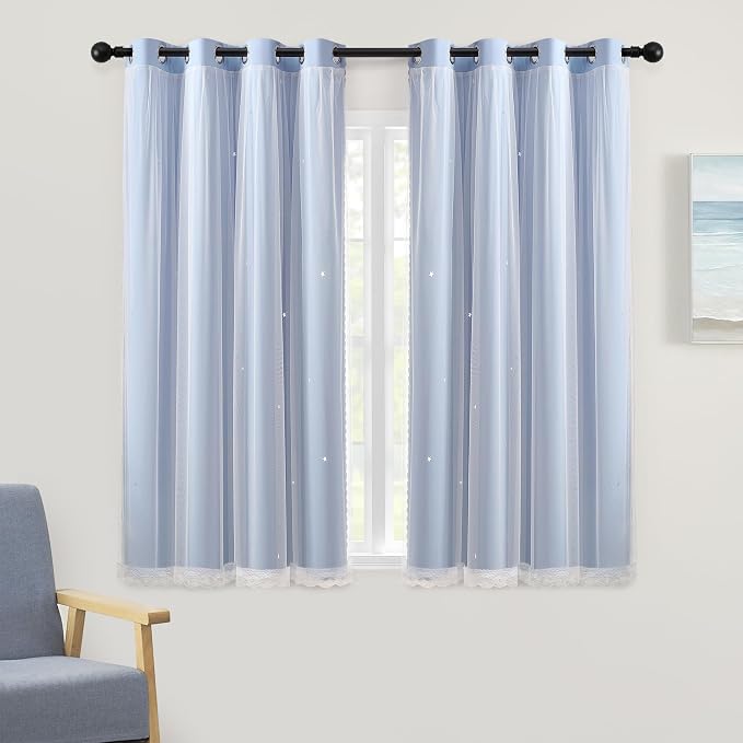 XiDi Light Blue Blackout Curtains for Girls Kids Bedroom Living Room 45 Inches Long 2 Panels Star Curtains Boys Room Darkening Thermal Insulated Drapes Grommet Noise Reduction Window Treatments 34x45