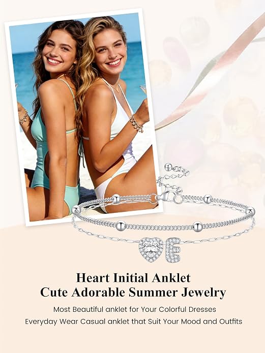 Bestyle Initial Anklet Bracelets for Women Waterproof Non Tarnish 14K Gold/White Gold Plated CZ Anklets for Women Dainty Layered Letter Heart Ankle Bracelets Adjustable Foot Chain Anklet
