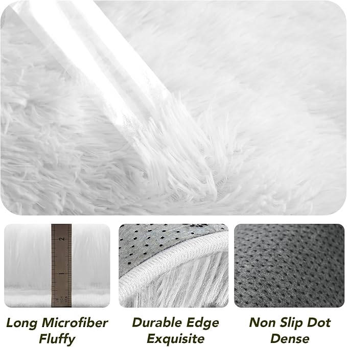 Round Area Rug for Living Room: White Shag Rugs for Bedroom- 8x8 Feet Fluffy Round Rugs for Living Room- Shag White Rugs Soft Plush Indoor Carpets for Bedroom, Nursery, 8ft