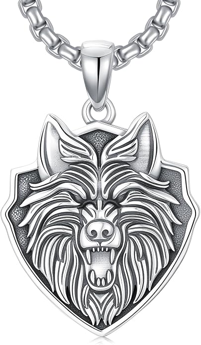 SIMONLY Eagle/Wolf/Skull Necklace for Men 925 Sterling Silver Shield Fish Hook Pendant Amulet Necklace Viking Shield Jewelry Christmas Gifts for Him