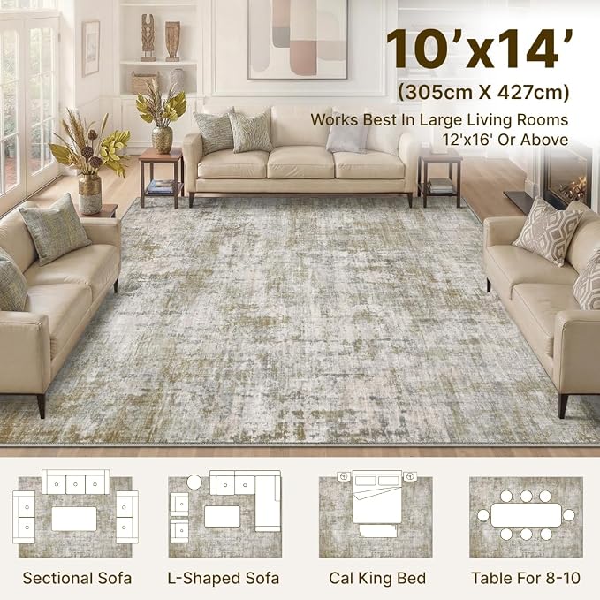 10x14 Area Rugs Washable Living Room Rug-No Slip Soft Carpets Modern Abstract Indoor Floor Stain Resistant Large Carpet for Bedroom Dining Room Farmhouse Nursery Home Office Tan