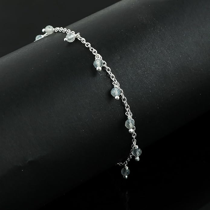 Natural Gemstone Beaded Dangle Anklets, Handmade Bohemian Jewelry, Micro-Faceted Stones Wicca & Reiki Healing Crystals, Silver Ankle Bracelet, Christmas Gift for Women, 9+1.50inch