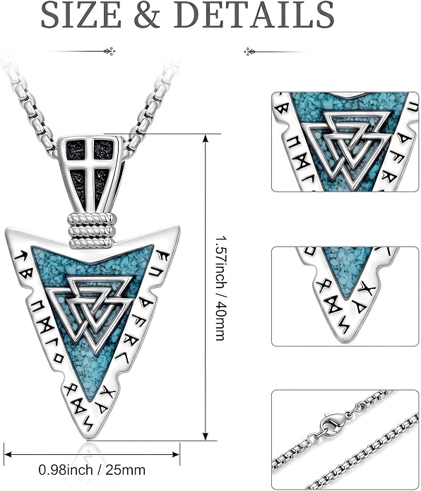 Viking Turquoise Arrowhead Necklace for Men Celtic/Evil Eye/Ankh/Valknut/Compass Arrow Head Pendant Fathers Day Birthday Gifts
