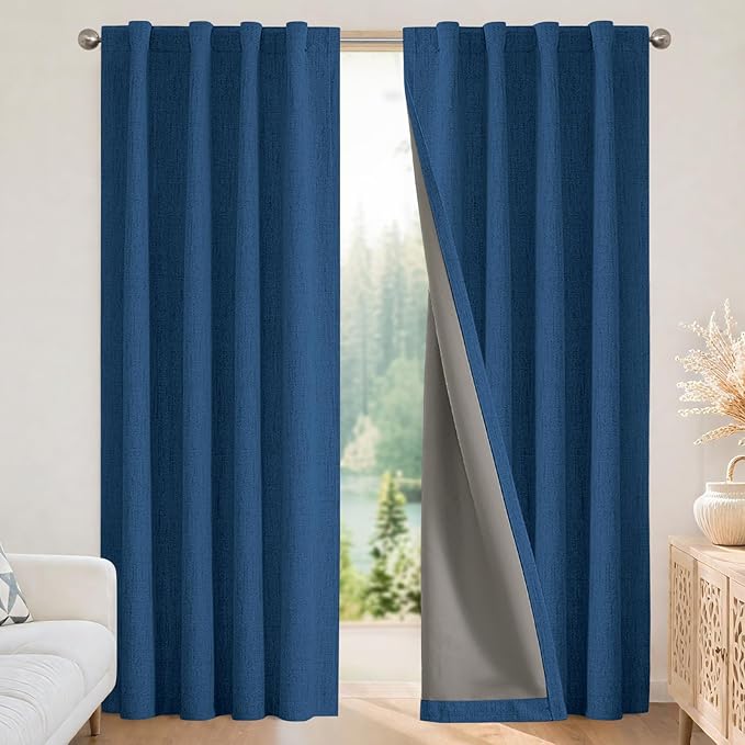 Joydeco Blackout Curtains for Bedroom - 100% Light Blocking 2 Panels Navy Blue Drapes 42" W x 72" L, Thermal Insulated Room Darkening Curtains, Linen Textured for Living Room, Rod Pocket & Back Tabs