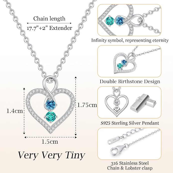 LOUISA SECRET Double Birthstone Necklaces for Women, 925 Sterling Silver Infinity Love Heart Pendant Necklace for Her, Birthday Anniversary Valentine's Day, Christmas, Wedding, Graduation Gift for Her, Personalized Gifts, Jewelry Gifts for Wife Mom Gir...