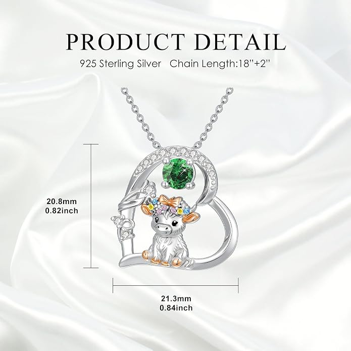 Highland Cow Gifts for Women 925 Sterling Silver Highland Cow Birthstone Necklace Fluffy Cow Jewelry Gifts Birthday Christmas