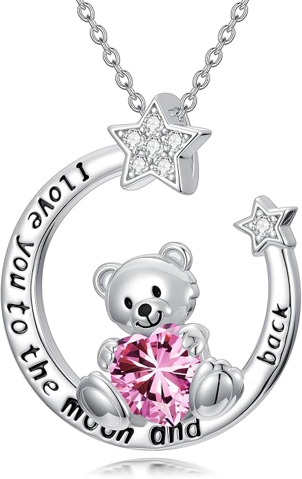 PELOVNY Teddy Bear Necklace for Women 925 Sterling Silver Bear/Highland Cow/Fox/Cat/Axolotl Birthstone Necklace Christmas Birthday Jewelry Gifts for Mom Daughter Wife Sister