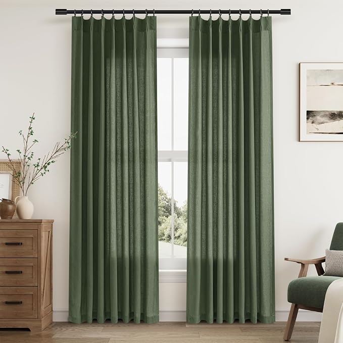 Aersas Olive Green Pinch Pleated Linen Curtains 84 Inches Long for Living Room with Hooks Back Tab Light Filtering Boho Forest Hunter Moss Sheer Green Curtain 84 Inch Length for Bedroom