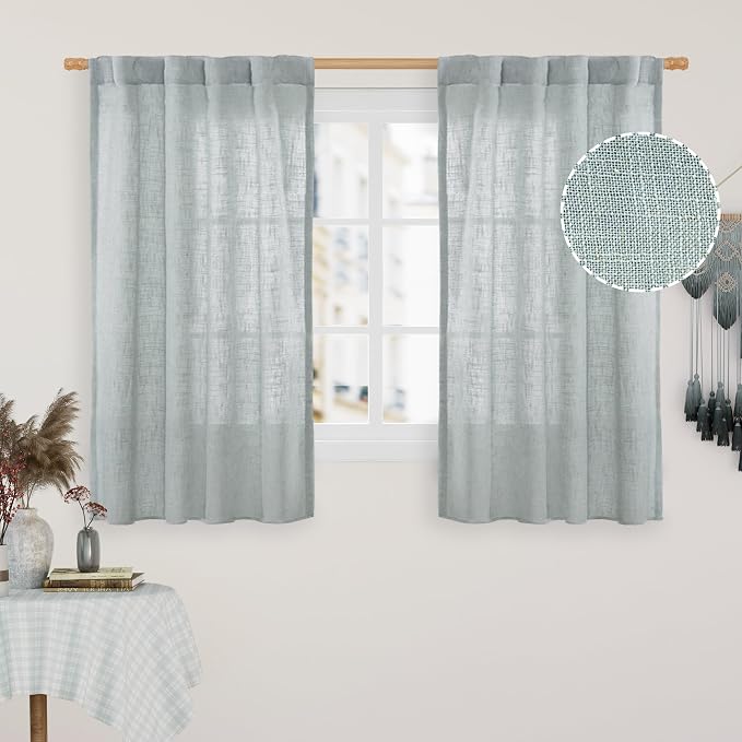 LAMIT Semi Sheer Linen Curtains 48 Inch Length, Light Filtering Panels Back Tab and Rod Pocket Neutral Drapes for Kitchen/Window/Loft Room, Greyish Blue, 2 Panels, 34 x 48 Inch