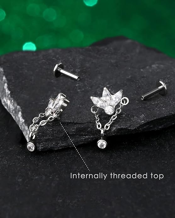 COCHARM G23 Titanium Hanging Helix Earring 16g Flat Back Flower Top Helix Piercing Jewelry 6mm Hypoallergenic Dangly Cartilage Jewelry