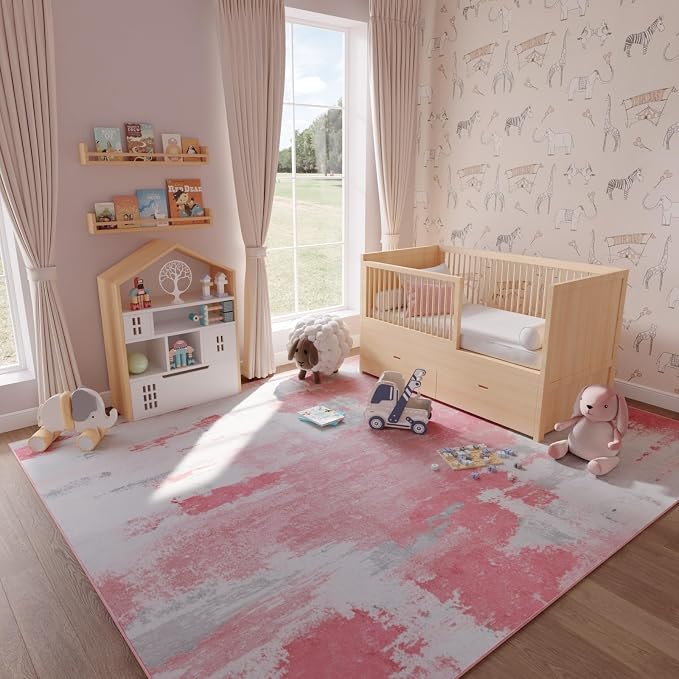 Kelarea Pink Nursery Rug for Baby Girl, 6x9 Modern Abstract Washable Rugs for Kid's Bedroom, Low Pile Non Slip Large Carpet for Dorm, Living Room, Kids Playroom