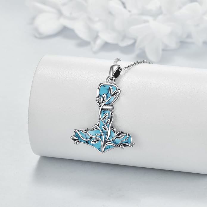 Thor Hammer Necklace 925 Sterling Silver Mjolnir Tree of Life Pendant Necklace Viking Vegvisir Jewelry for Women wife Mom