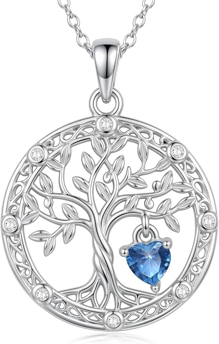 Tree of Life Birthstone Necklace 925 Sterling Silver Crystal Tree of Life Pendant Birthstone Jewelry Birthday Christmas Gifts for Women Mom Her Wife