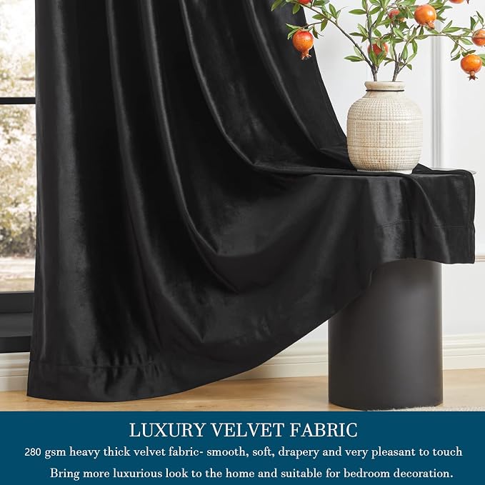 PRIMROSE Black Curtains 96 inch for Living Room Velvet Drapes Blackout Rod Pocket Back Tab Window Treatment Semi Room Darkening Decor Curtains for Bedroom Set of 2 Panels