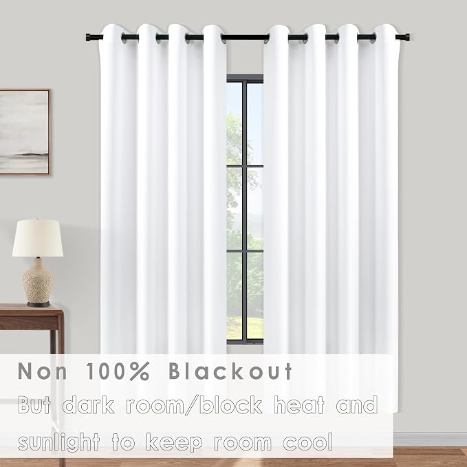 KOUFALL 60 Inch Curtains White Semi Blackout Curtains 2 Panels Set with Grommet Top, Lightweight 60-70% Blackout Opaque Curtains, Energy Saving Simple Drapes for Living Room Bedroom